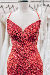 Small Wedding Ideas, Red Lace-Up Sequins Sheath V Neck Homecoming Dress with Tassels