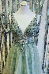 Prom Dresses Brand, Mint Green Beaded V-Neck Backless A-Line Prom Dress