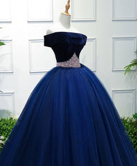 Evening Dress Simple, Dark Blue Tulle Off Shoulder Long Prom Dress, Blue Sweet 16 Dress