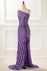 Bridesmaid Dress Colors, One Shoulder Purple Sequin Prom Dress with Slit