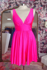 Formal Dress For Wedding Party, Hot Pink Deep V Neck A-line Satin Homecoming Dress