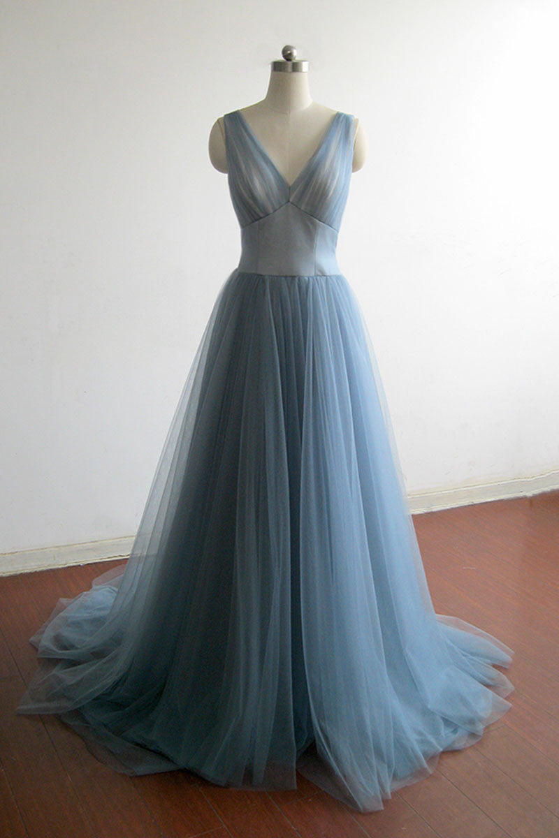 Prom Dress Long Sleeves, Simple gray blue tulle long prom dress, evening dress