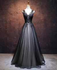 Prom Dresses Princess, Black V Neck Tulle Lace Applique Long Prom Dress, Black Evening Dress, 1