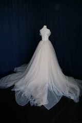 Wedding Dresses 2024, Elegant V Neck Off-shoulder Tulle Pleat Sweep Train Wedding Dresses