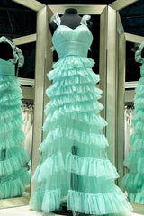 Prom Dress Gown, Mint Green Ruffle Straps A-line Multi-Layers Long Prom Dress