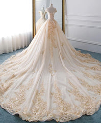 Wedding Dress Rustic, Unique Champagne Tulle Lace Long Wedding Dress, Bridal Gown