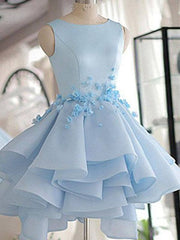 Reception Dress, 3D Flower Short Blue Prom Dresses, 3D Floral Short Blue Graduation Homecoming Dresses