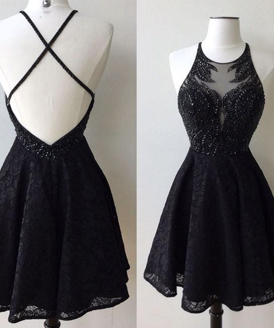 Bridesmaids Dresses Colorful, A-Line Jewel Backless Short Black Lace Homecoming Dress 2024 with Beading