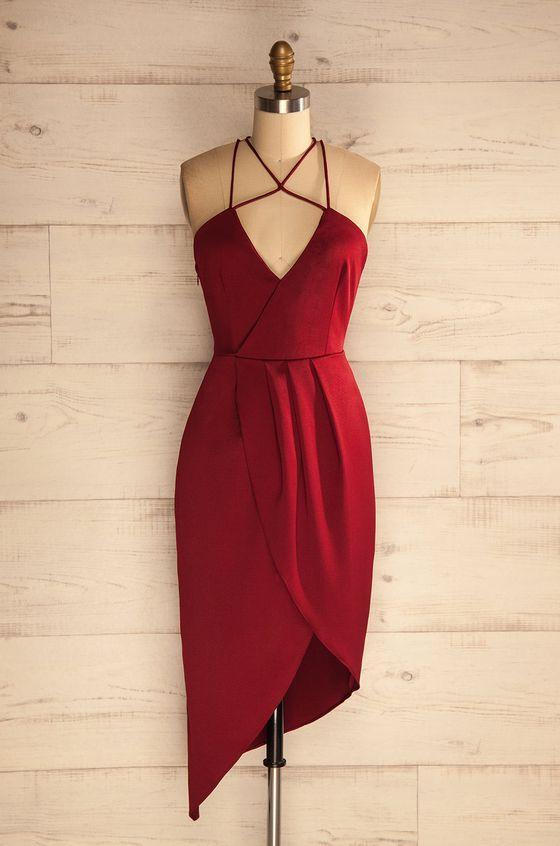 Bridesmaid Dresses Colors, Sheath Halter Asymmetrical Dark Red Satin Homecoming Dress