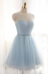 Bridesmaids Dresses Color Palettes, A-Line Jewel Light Blue Tulle Short Homecoming Dress 2024 with Beading Pleats