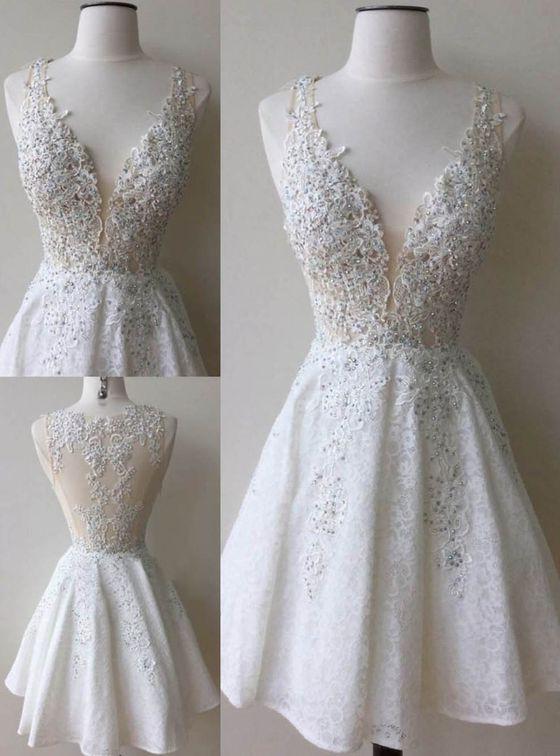 Bridesmaid Dresses Champagne, A-Line Deep V-Neck White Lace Short Homecoming Dress with Appliques Beading