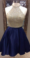 Bridesmaids Dress Colors, A-Line Jewel Navy Blue Satin Short Homecoming Dress 2024 with Beading