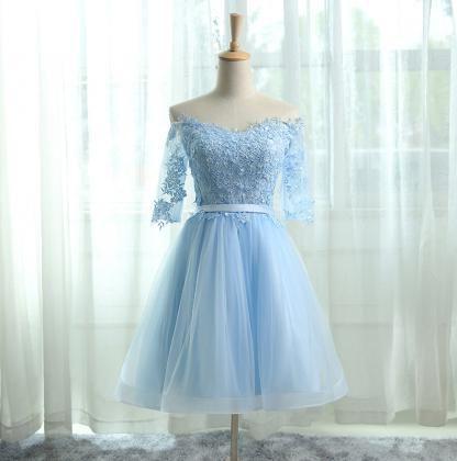 Bridesmaid Dress Color Palettes, A-Line Off the Shoulder Half Sleeves Light Blue Tulle Homecoming Dress 2024 with Appliques