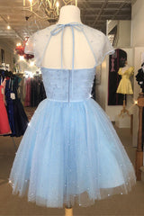Formal Dress Wedding, Sparkle Beaded Cap Sleeves Light Sky Blue Homecoming Dress