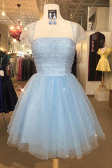 Formal Dress Idea, Sparkle Beaded Cap Sleeves Light Sky Blue Homecoming Dress