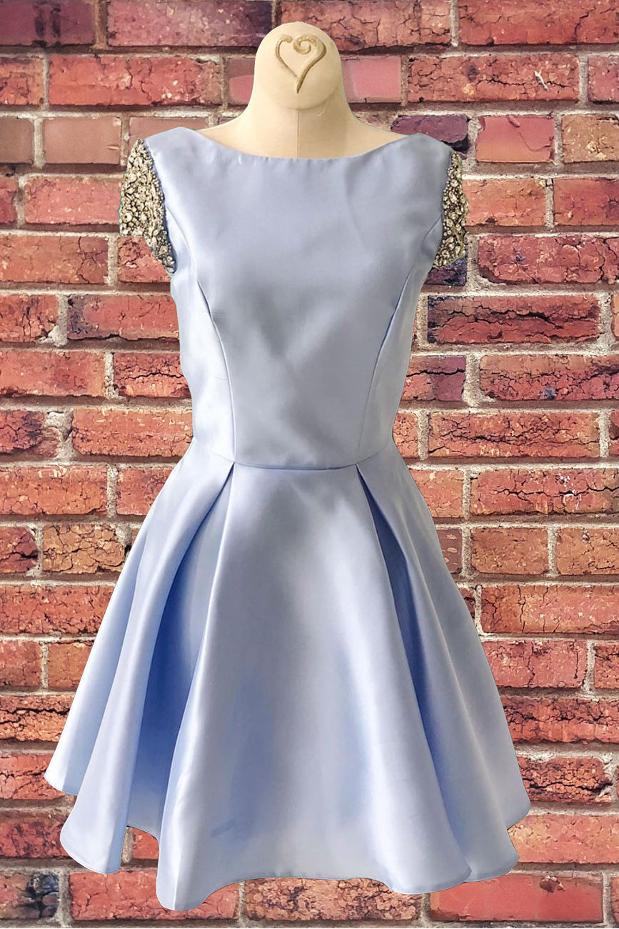 Evening Dresses Australia, V-Back Short Sleeves Sky Blue Homecoming Dress with Crystals