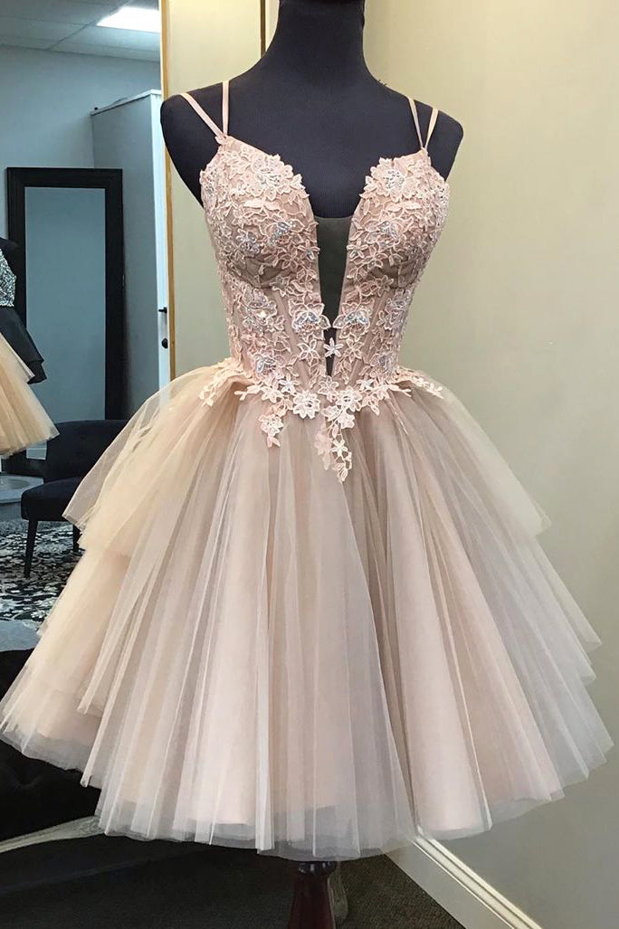 Bridesmaid Dresses Dark, Blush Ball Gown Strappy Appliqued Homecoming Dress