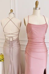 Party Dress Ball, Dusty Pink Satin Lace-Up Sheath Long Bridesmaid Dress with Slit