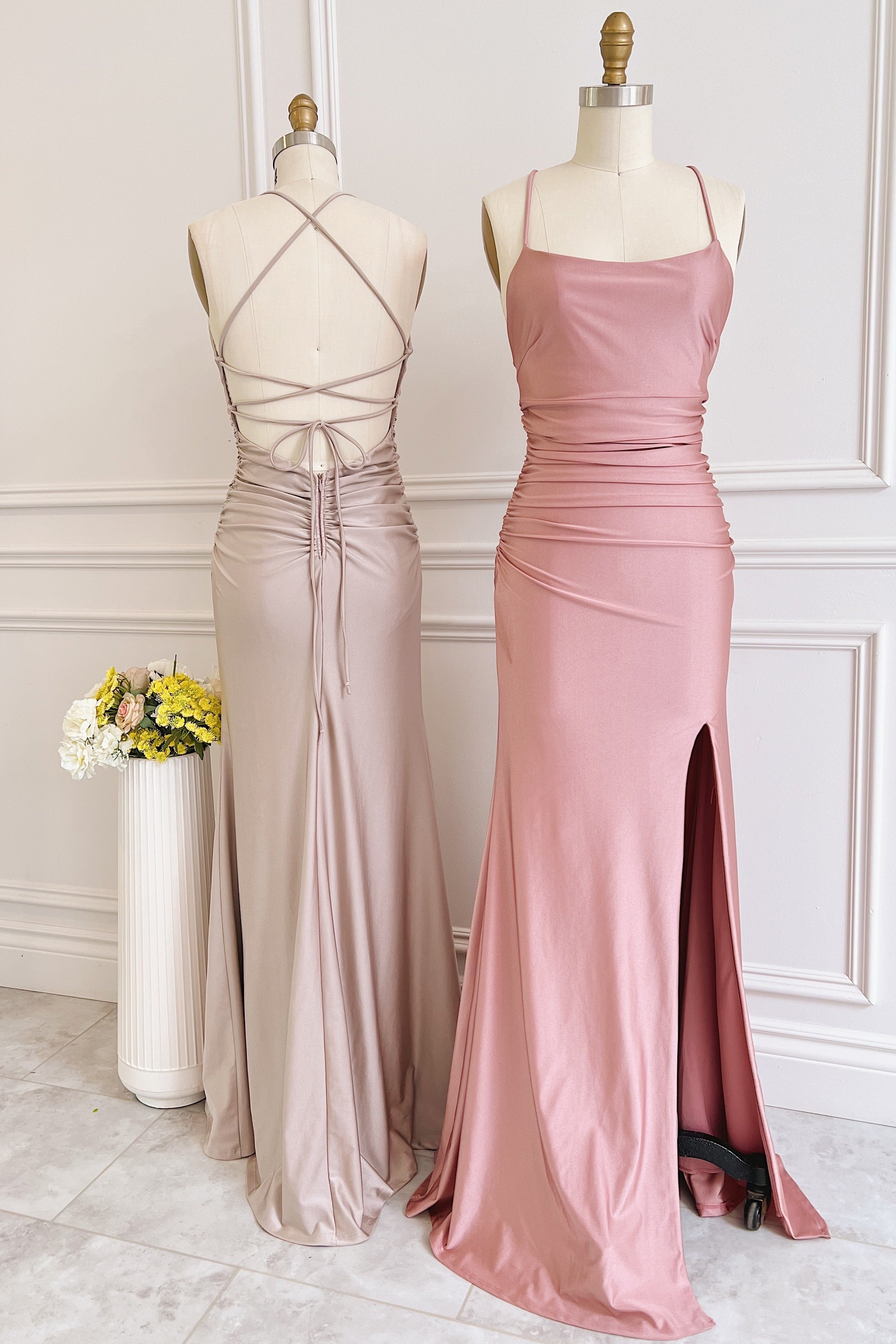 Party Dress A Line, Dusty Pink Satin Lace-Up Sheath Long Bridesmaid Dress with Slit