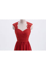 Party Dresses, Elegant Red Chiffon Pleated A-line Long Bridesmaid Dress