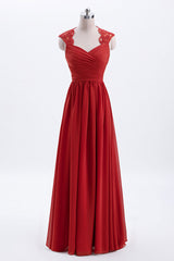 Party Dress Long Sleeve Maxi, Elegant Red Chiffon Pleated A-line Long Bridesmaid Dress