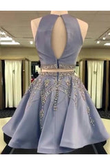 Evening Dress Simple, A Line 2 Pieces Beaded Satin Short Homecoming Dresses, Scoop