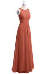 Party Dresses Indian, Rust Orange Crew Neck Backless A-Line Long Bridesmaid Dress