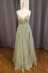 Party Dress Black And Gold, Sage Green Floral Appliques Straps A-Line Prom Dress