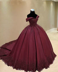 Winter Formal, burgundy ball gown quinceanera dresses lace off the shoulder