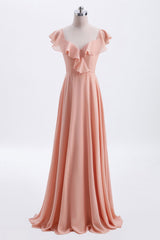 Prom Dress Styling Hair, Peach Ruffles A-lline Chiffon Long Bridesmaid Dress with Tie Back