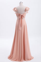 Prom Dress Corset Ball Gown, Peach Ruffles A-lline Chiffon Long Bridesmaid Dress with Tie Back