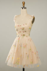 Wedding Theme, Champagne Bow Tie Embroidery Tulle A-line Homecoming Dress
