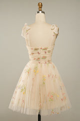 Wedding Flower, Champagne Bow Tie Embroidery Tulle A-line Homecoming Dress