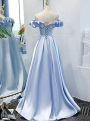 Prom Dress With Slits, Blue A Line Off Shoulder Long Prom Dress, Blue Evening Dress