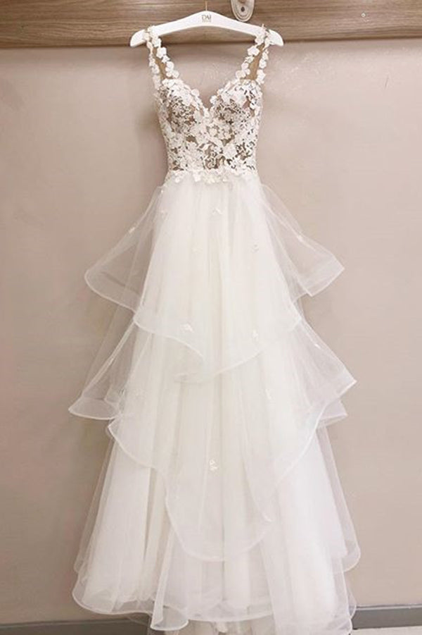 Wedding Dress Straps, Charming Tulle Appliques V Neck Lace Wedding Dresses with Ruffles