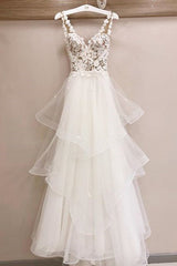 Wedding Dress Ball Gown, Charming Tulle Appliques V Neck Lace Wedding Dresses with Ruffles