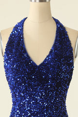 Party Dress New Look, Royal Blue Sequin Halter Open Back Short Homecoming Dress