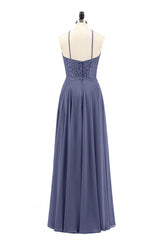 Prom Dress Idea, Navy Blue Chiffon Halter Backless A-Line Long Bridesmaid Dress