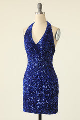 Party Dress Top, Royal Blue Sequin Halter Open Back Short Homecoming Dress