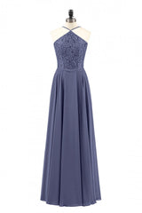 Prom Dress 2039, Navy Blue Chiffon Halter Backless A-Line Long Bridesmaid Dress