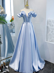 Prom Dresses Simple, Blue A Line Off Shoulder Long Prom Dress, Blue Evening Dress