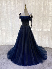 Party Dresses Black, Dark Blue Tulle Sequin Long Prom Dress, Blue Tulle Formal Dress