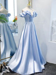 Prom Dress Simple, Blue A Line Off Shoulder Long Prom Dress, Blue Evening Dress