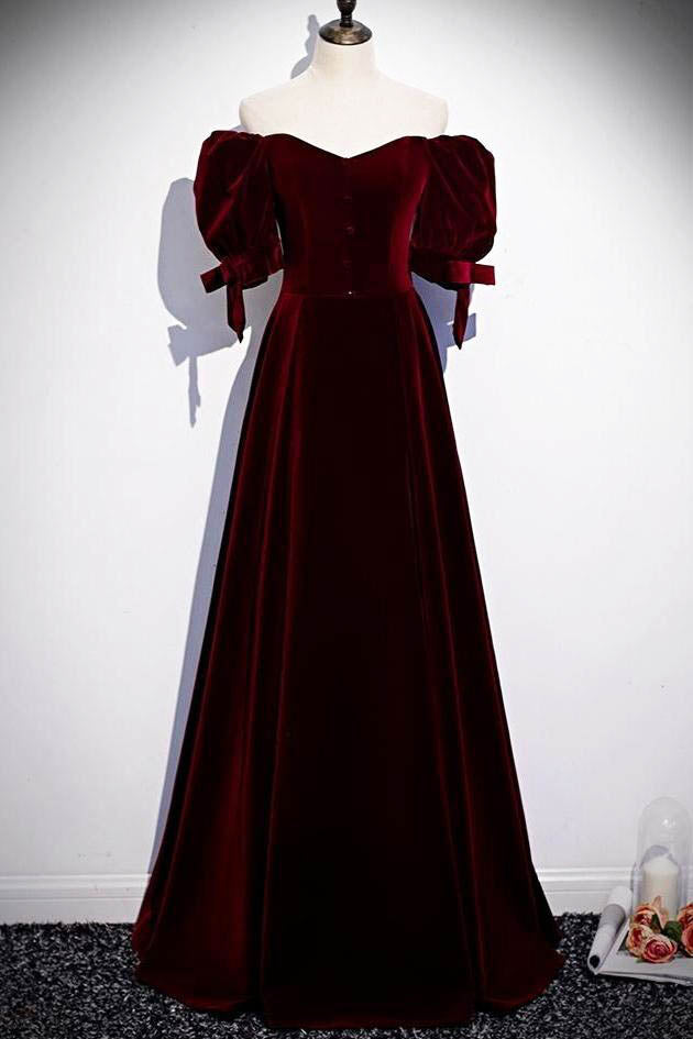 Party Dress Purple, Modest Burgundy Long Prom Dresses with Short Sleeves Vintage Evening Gown