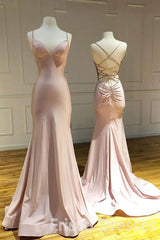 Party Dresses 2046, Spaghetti Straps Pink Mermaid Evening Party Dresses Long Prom Dresses
