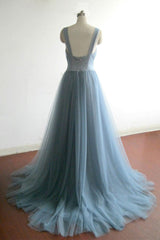 Prom Dress Long Sleeved, Simple gray blue tulle long prom dress, evening dress