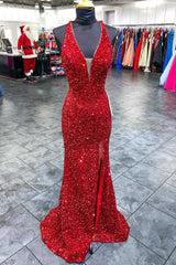 Wedding Pictures Ideas, Red Sequin Plunge V Backless Mermaid Long Prom Dress with Slit