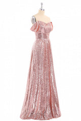 Party Dress Designs, Rose Gold Sequin Off-the-Shoulder A-Line Long Bridesmaid Dress
