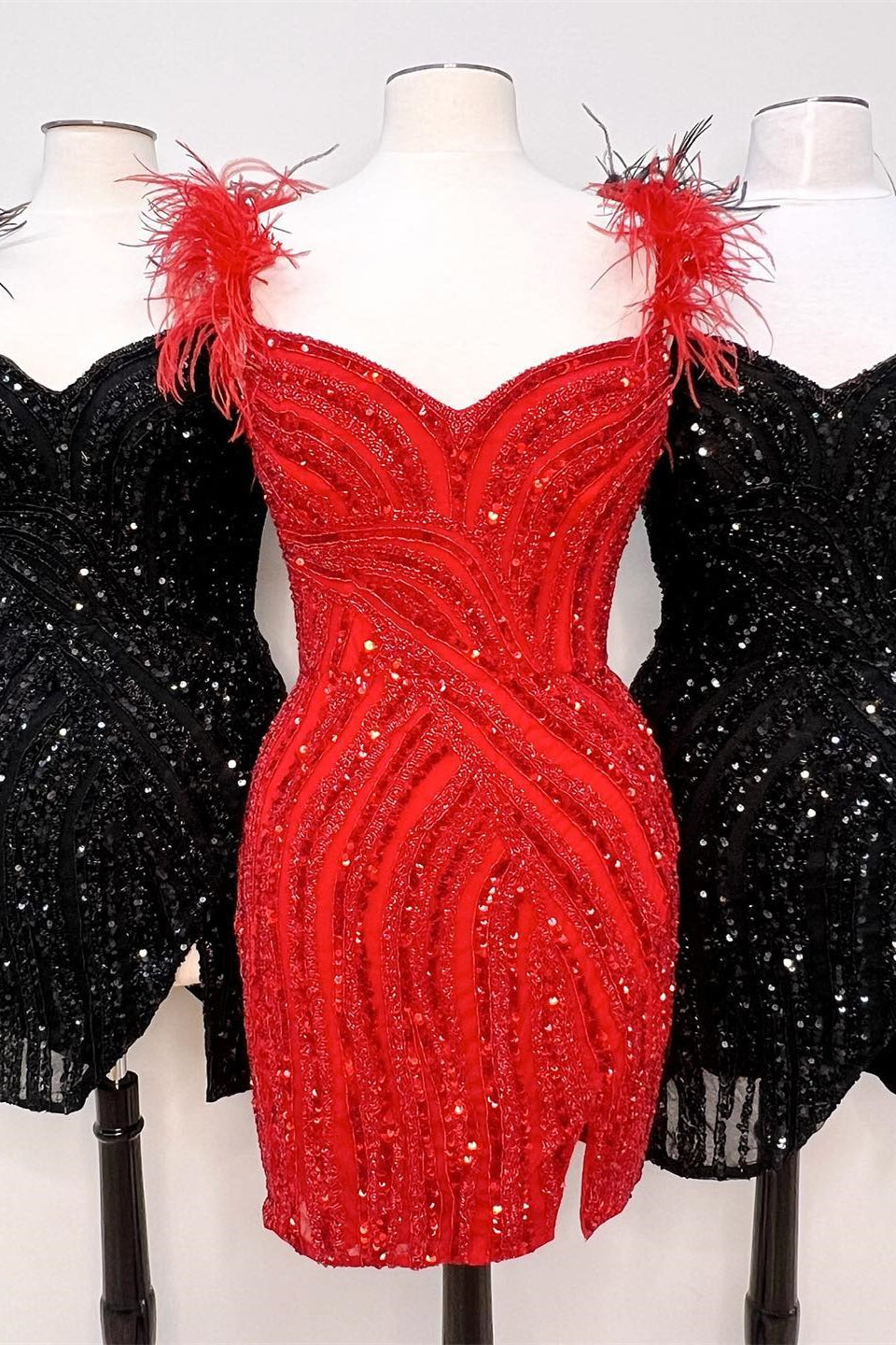 Black Tie Wedding Guest Dress, Red V Neck Feathers Sequins Sheath Homecoming Dress