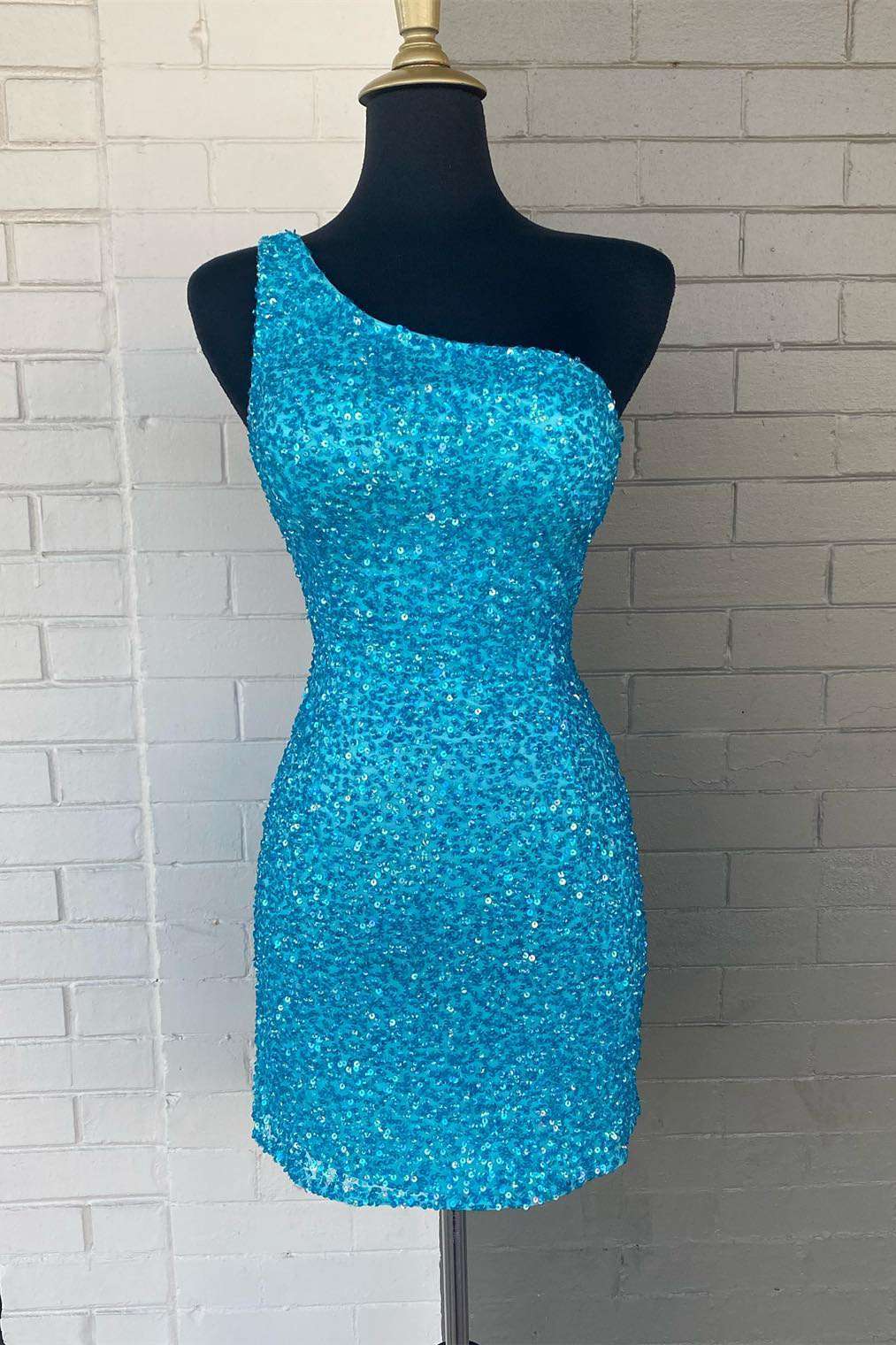 Bridesmaids Dresses With Sleeves, Blue Sequin One-Shoulder Cutout Bodycon Homecoming Dress